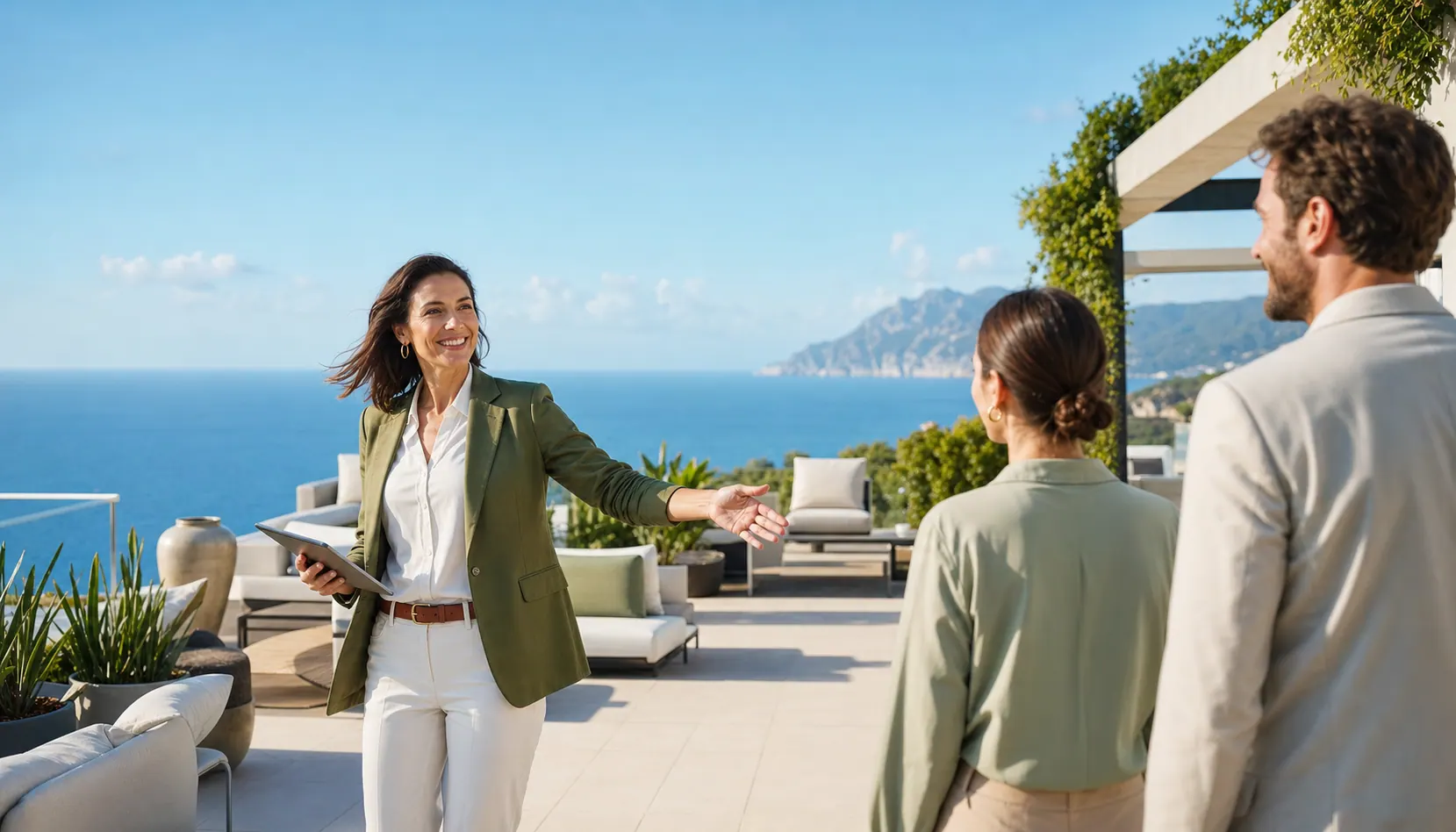 Una professionista accoglie due collaboratori su una terrazza luminosa